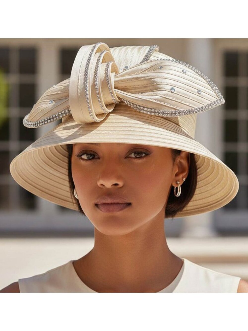 Tigerstars Champagne Rhinestone Floral Bow Accent Wide Brim Dressy Hat
